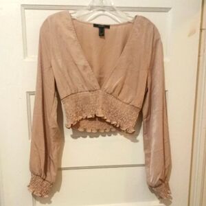 Forever 21 Blush Pink Long Sleeved Smocked Crop Top Plunging Blouse M EUC